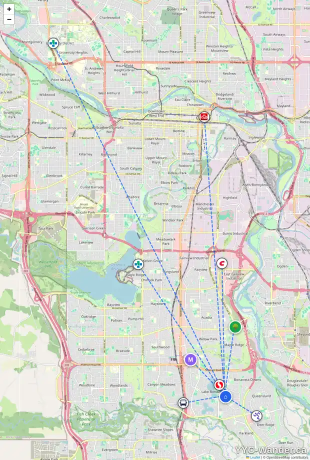 Daily accessibility map for 35 LAKE TWINTREE BA SE, Calgary showing nearby schools, grocery stores, parks, LRT stations and nearby amenities
