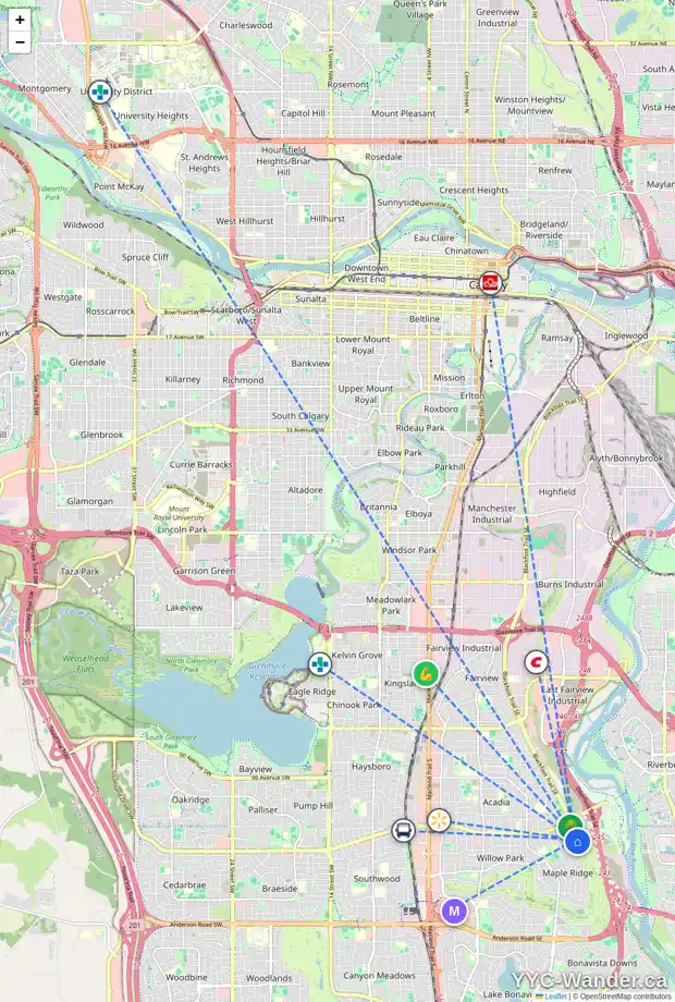 Daily accessibility map for 160 MAPLE COURT CR SE, Calgary showing nearby schools, grocery stores, parks, LRT stations and nearby amenities
