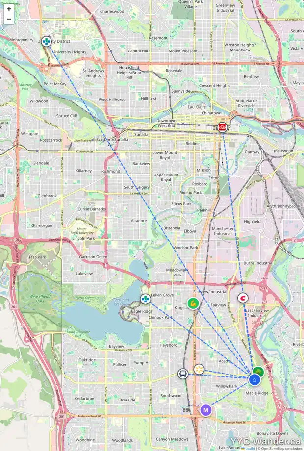 Daily accessibility map for 10016 MAPLECREEK DR SE, Calgary showing nearby schools, grocery stores, parks, LRT stations and nearby amenities