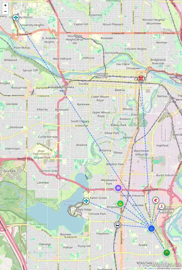 Daily accessibility map for 8543 ADDISON PL SE, Calgary showing nearby schools, grocery stores, parks, LRT stations and nearby amenities