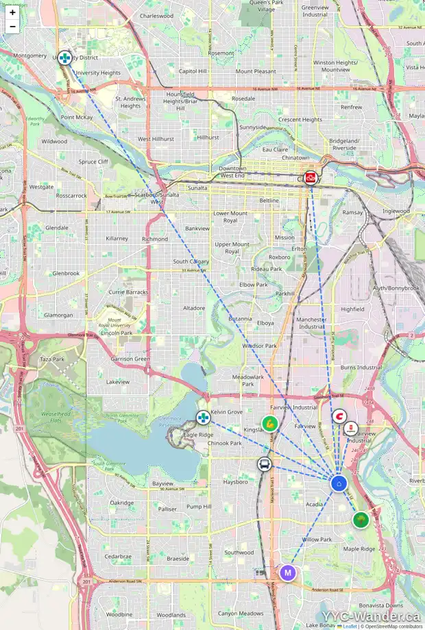 Daily accessibility map for 727 ALDERWOOD PL SE, Calgary showing nearby schools, grocery stores, parks, LRT stations and nearby amenities