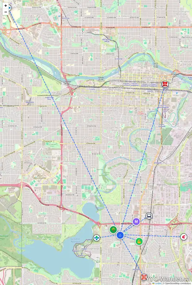 Daily accessibility map for 7203 KEEWATIN ST SW, Calgary showing nearby schools, grocery stores, parks, LRT stations and nearby amenities