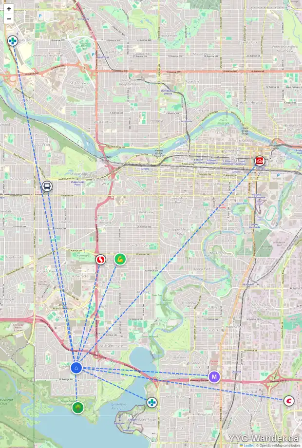 Daily accessibility map for 2847 63 AV SW, Calgary showing nearby schools, grocery stores, parks, LRT stations and nearby amenities