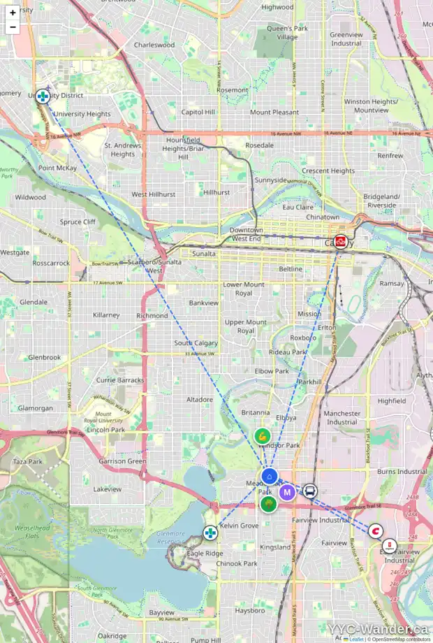 Daily accessibility map for 17 MEADOWVIEW RD SW, Calgary showing nearby schools, grocery stores, parks, LRT stations and nearby amenities