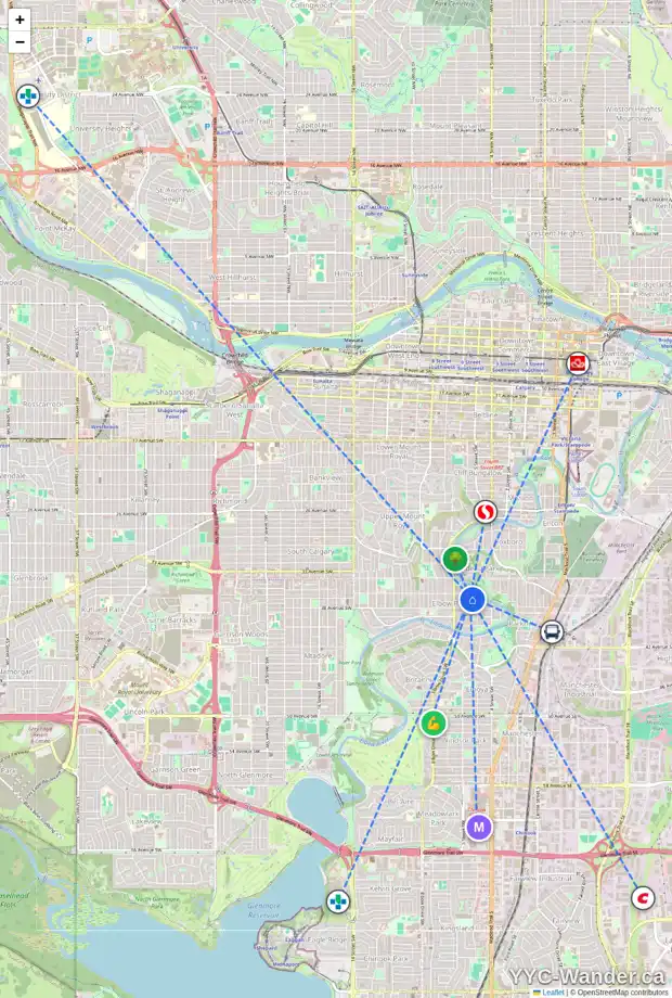Daily accessibility map for 326 37 AV SW, Calgary showing nearby schools, grocery stores, parks, LRT stations and nearby amenities