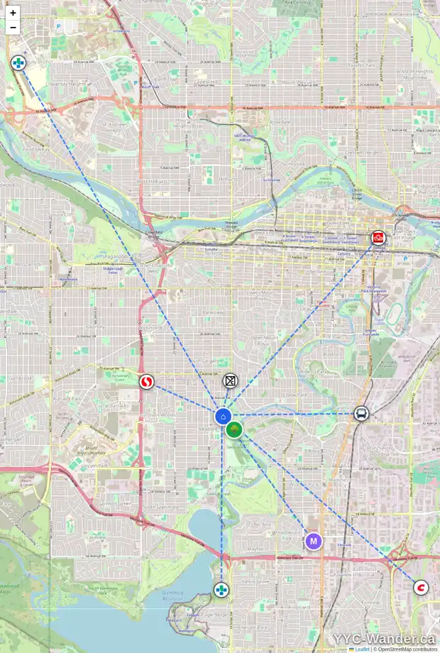 Daily accessibility map for 4120 15 ST SW, Calgary showing nearby schools, grocery stores, parks, LRT stations and nearby amenities