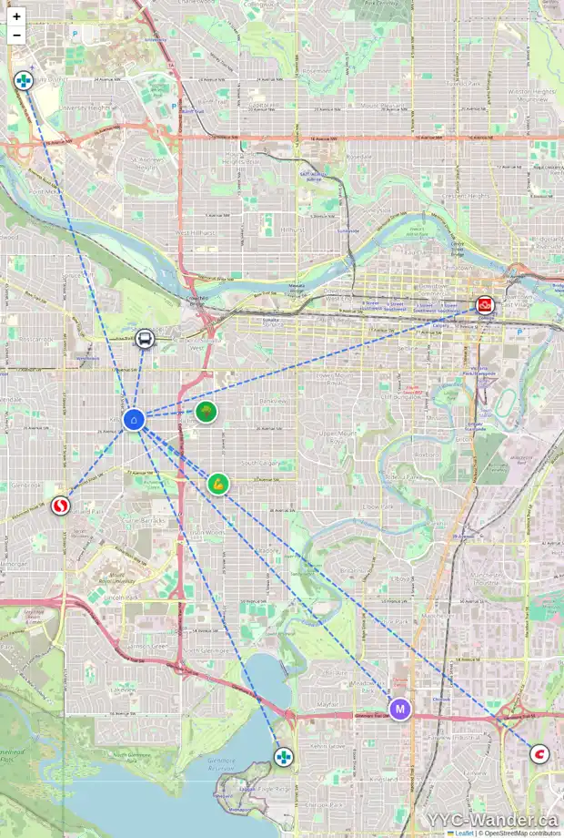Daily accessibility map for 2440 28 ST SW, Calgary showing nearby schools, grocery stores, parks, LRT stations and nearby amenities