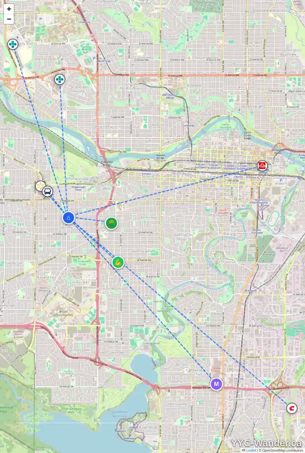 Daily accessibility map for 2 2220 29 ST SW, Calgary showing nearby schools, grocery stores, parks, LRT stations and nearby amenities