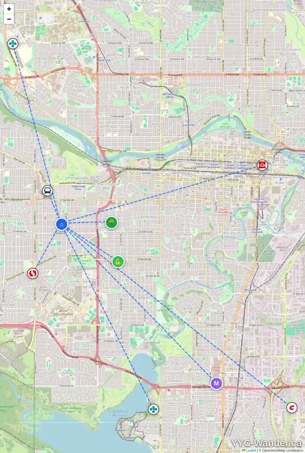 Daily accessibility map for 2421 30 ST SW, Calgary showing nearby schools, grocery stores, parks, LRT stations and nearby amenities