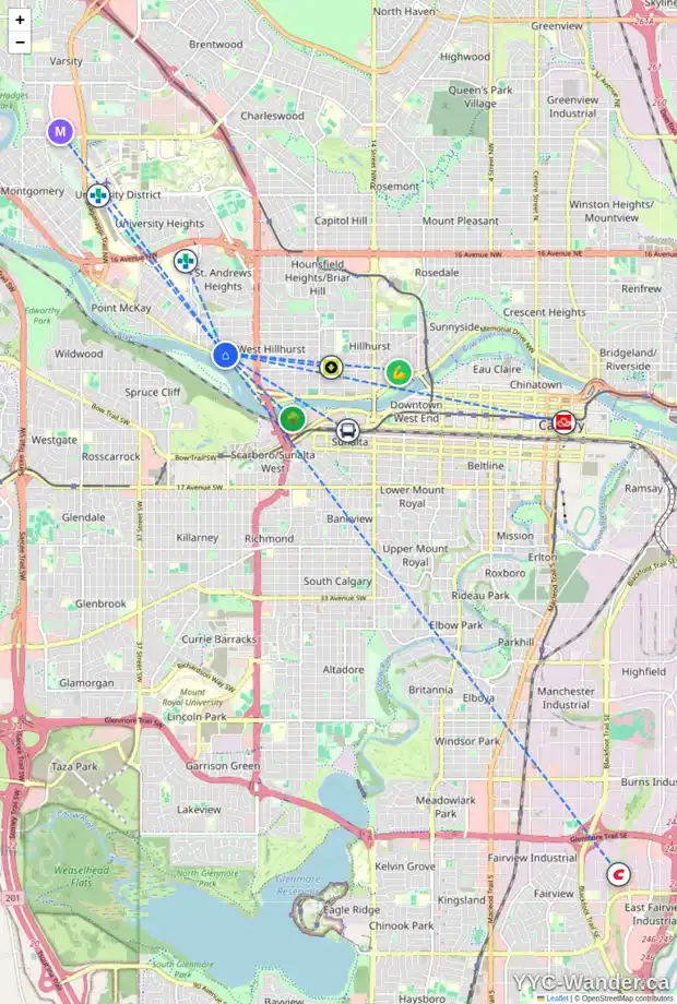 Daily accessibility map for 2727 1 AV NW, Calgary showing nearby schools, grocery stores, parks, LRT stations and nearby amenities