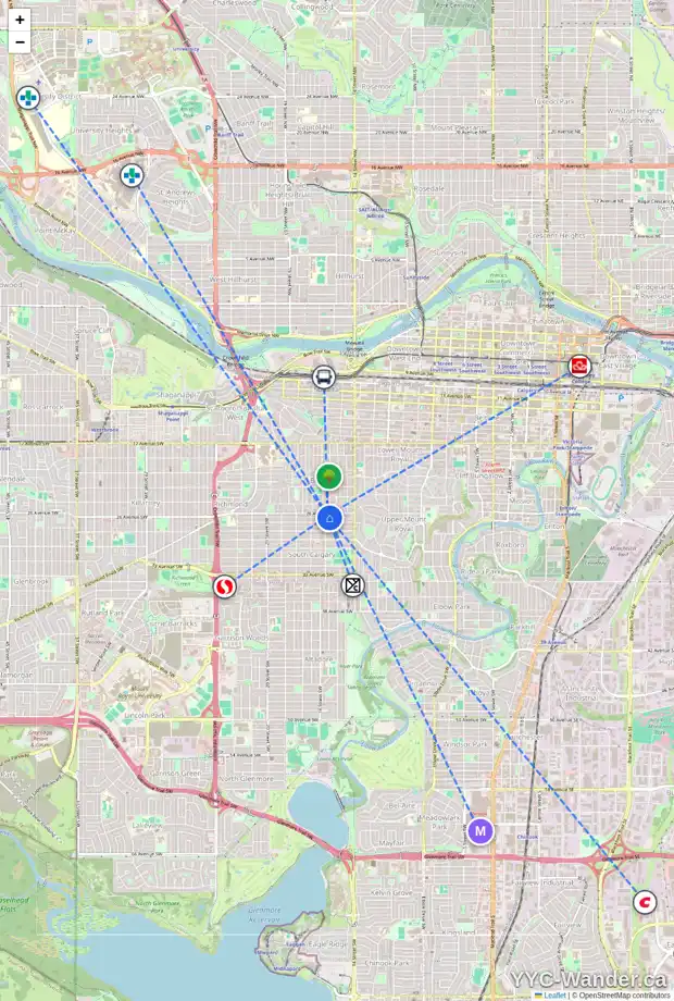 Daily accessibility map for 1639 26 AV SW, Calgary showing nearby schools, grocery stores, parks, LRT stations and nearby amenities