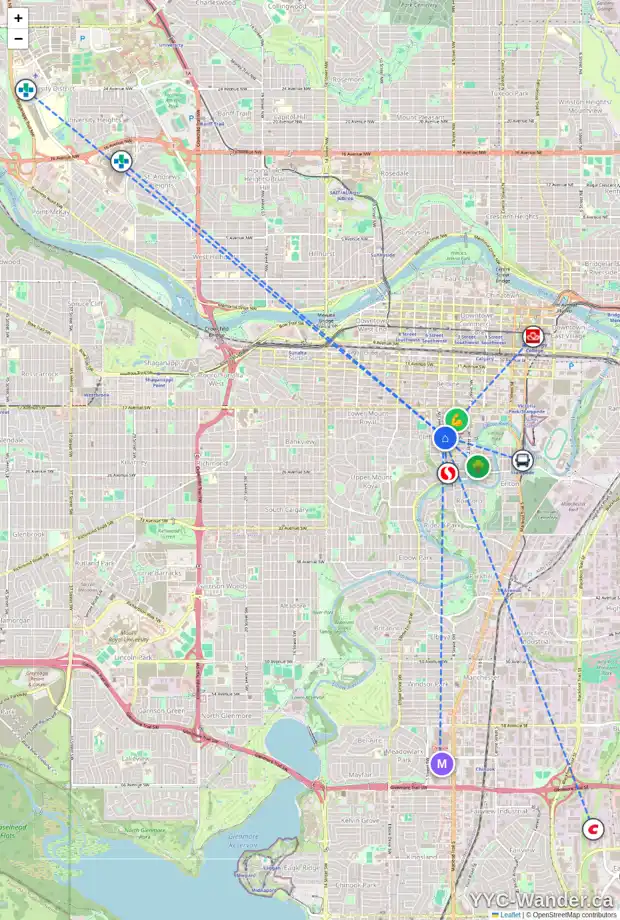 Daily accessibility map for 534 21 AV SW, Calgary showing nearby schools, grocery stores, parks, LRT stations and nearby amenities