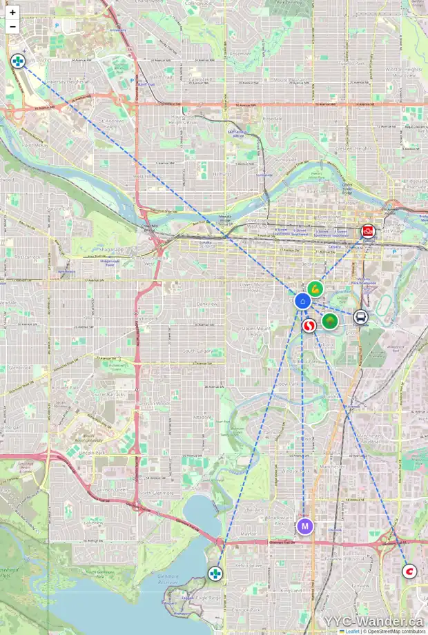 Daily accessibility map for 605 ROYAL AV SW, Calgary showing nearby schools, grocery stores, parks, LRT stations and nearby amenities