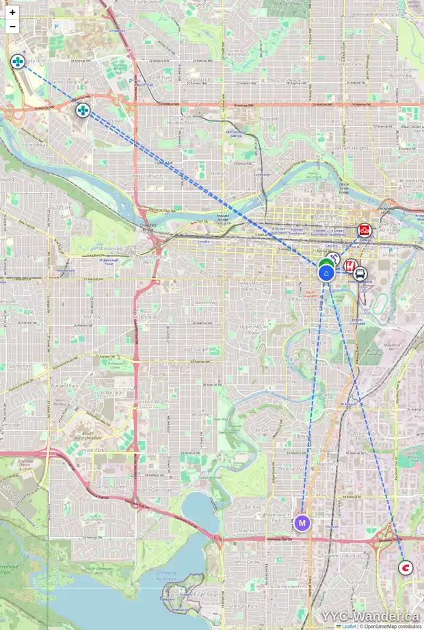 Daily accessibility map for 102 228 15 AV SW, Calgary showing nearby schools, grocery stores, parks, LRT stations and nearby amenities