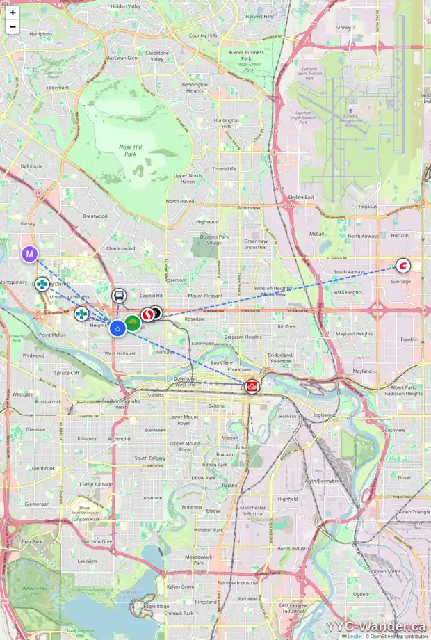 Daily accessibility map for 2411 JUNIPER RD NW, Calgary showing nearby schools, grocery stores, parks, LRT stations and nearby amenities
