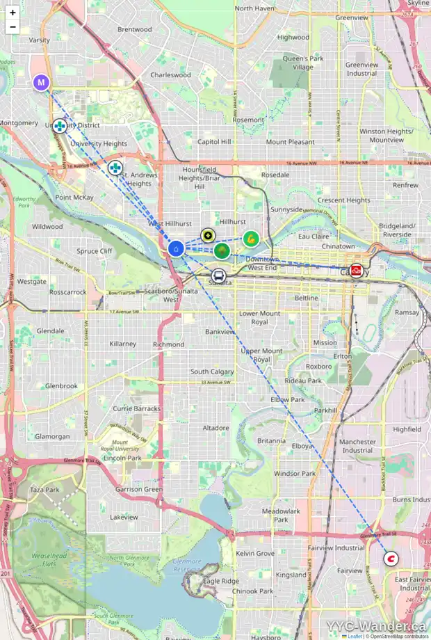 Daily accessibility map for 2310 BROADVIEW RD NW, Calgary showing nearby schools, grocery stores, parks, LRT stations and nearby amenities