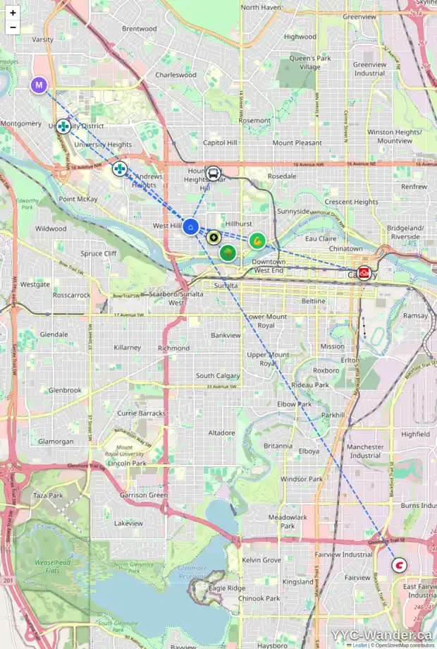 Daily accessibility map for 2201 3 AV NW, Calgary showing nearby schools, grocery stores, parks, LRT stations and nearby amenities