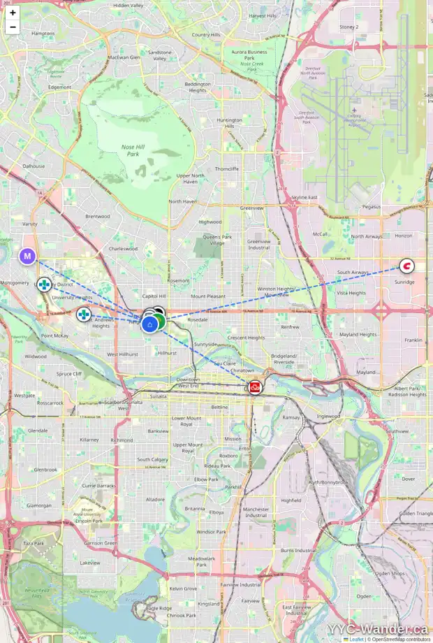 Daily accessibility map for 1822 12 AV NW, Calgary showing nearby schools, grocery stores, parks, LRT stations and nearby amenities