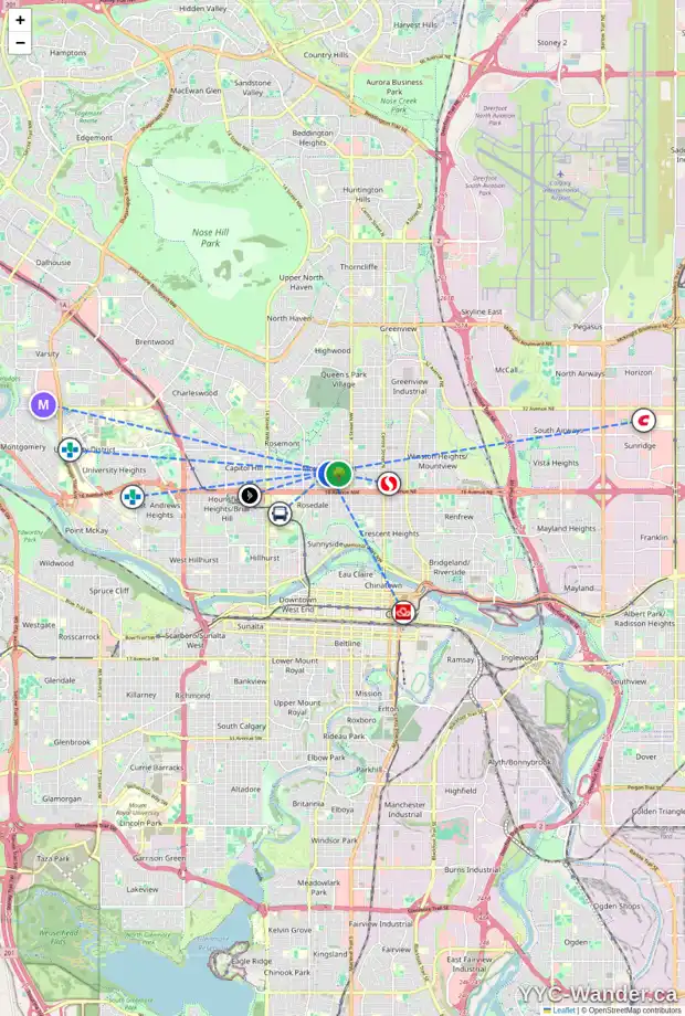 Daily accessibility map for 721 20 AV NW, Calgary showing nearby schools, grocery stores, parks, LRT stations and nearby amenities