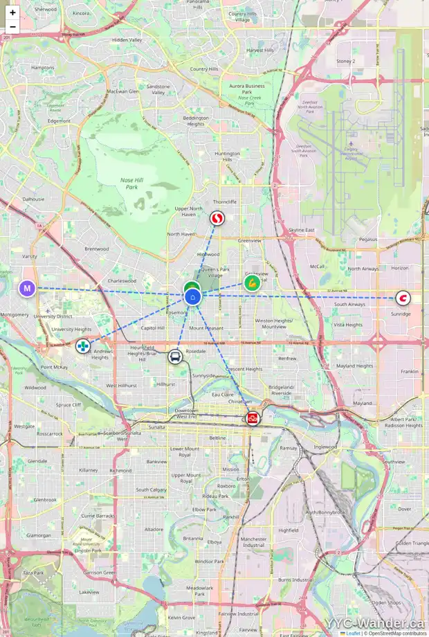 Daily accessibility map for 1018 30 AV NW, Calgary showing nearby schools, grocery stores, parks, LRT stations and nearby amenities