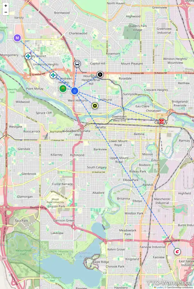 Daily accessibility map for 2440 7 AV NW, Calgary showing nearby schools, grocery stores, parks, LRT stations and nearby amenities
