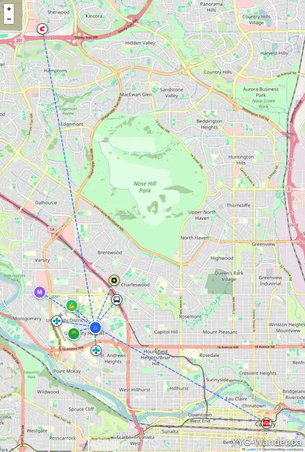 Daily accessibility map for 3120 UNDERHILL DR NW, Calgary showing nearby schools, grocery stores, parks, LRT stations and nearby amenities