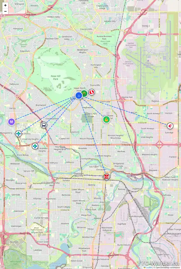 Daily accessibility map for 1107 NOKOMIS PL NW, Calgary showing nearby schools, grocery stores, parks, LRT stations and nearby amenities