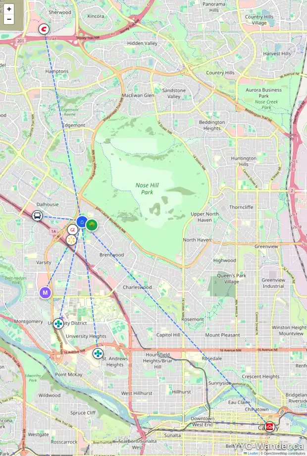 Daily accessibility map for 3620 BEAVER RD NW, Calgary showing nearby schools, grocery stores, parks, LRT stations and nearby amenities