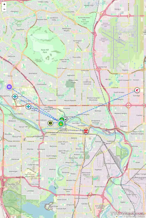 Daily accessibility map for 214 11A ST NW, Calgary showing nearby schools, grocery stores, parks, LRT stations and nearby amenities