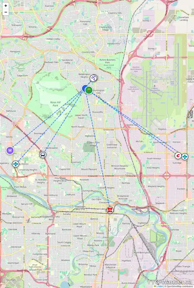 Daily accessibility map for 203C HUNTINGTON PARK BA NW, Calgary showing nearby schools, grocery stores, parks, LRT stations and nearby amenities