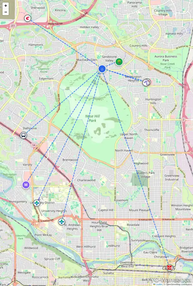 Daily accessibility map for 257 SANDRINGHAM RD NW, Calgary showing nearby schools, grocery stores, parks, LRT stations and nearby amenities