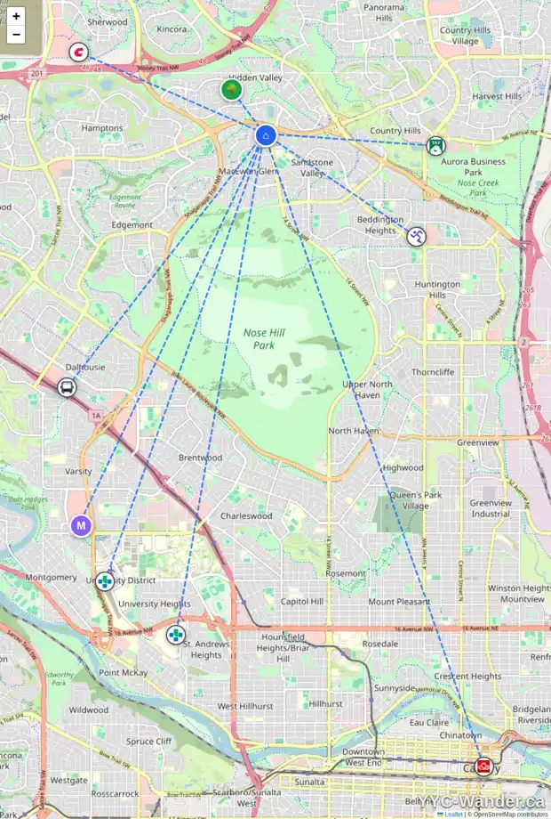 Daily accessibility map for 163 MACEWAN VALLEY ME NW, Calgary showing nearby schools, grocery stores, parks, LRT stations and nearby amenities