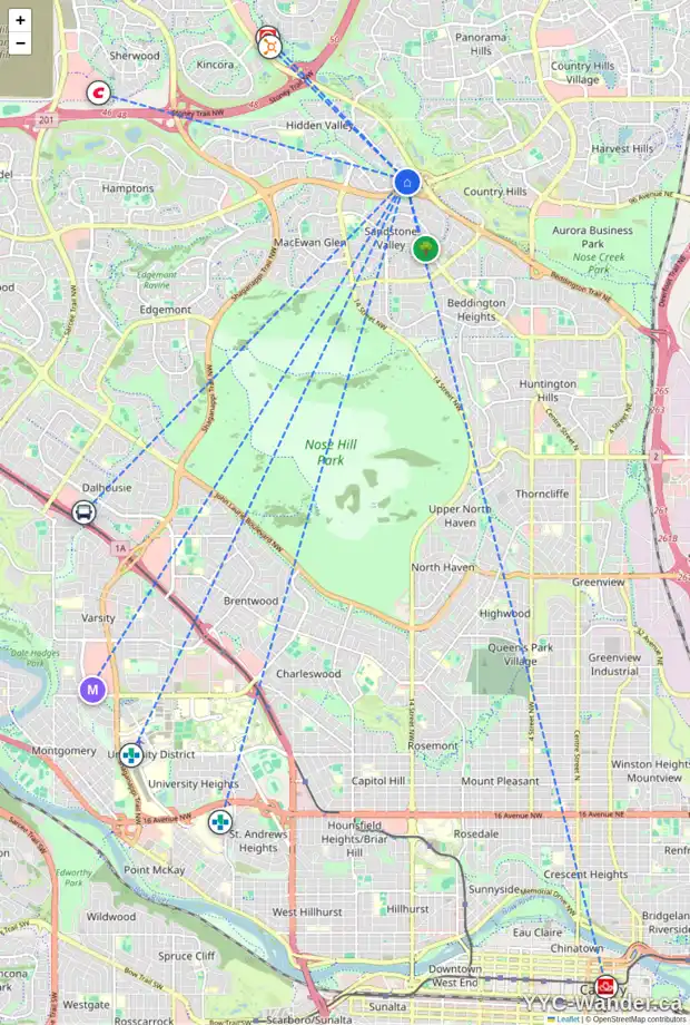 Daily accessibility map for 120 HIDDEN VALLEY PL NW, Calgary showing nearby schools, grocery stores, parks, LRT stations and nearby amenities