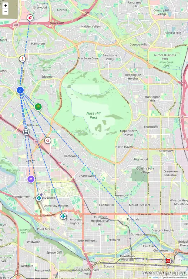 Daily accessibility map for 169 EDGEHILL DR NW, Calgary showing nearby schools, grocery stores, parks, LRT stations and nearby amenities