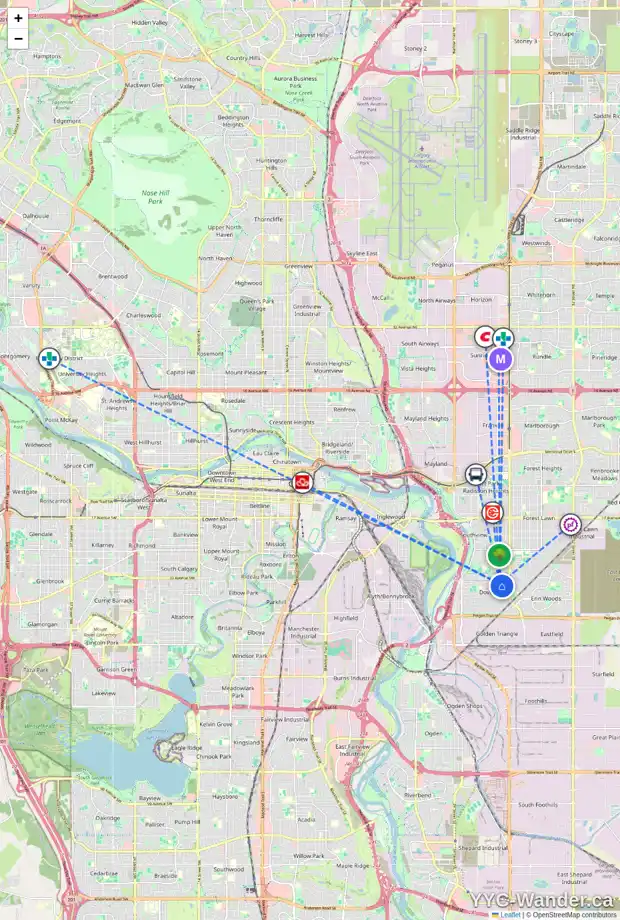 Daily accessibility map for 3516 33 ST SE, Calgary showing nearby schools, grocery stores, parks, LRT stations and nearby amenities