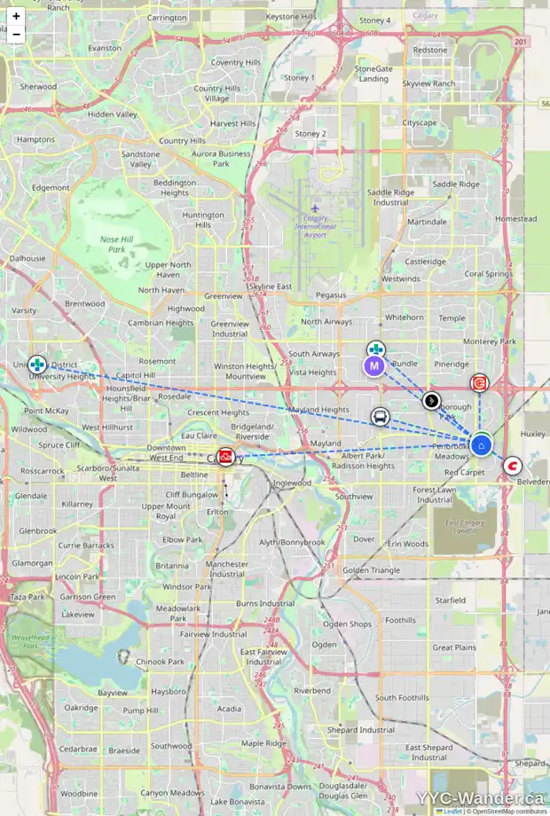 Daily accessibility map for 36 ABBERCOVE DR SE, Calgary showing nearby schools, grocery stores, parks, LRT stations and nearby amenities