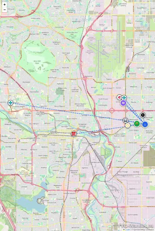Daily accessibility map for 5515 MADDOCK DR NE, Calgary showing nearby schools, grocery stores, parks, LRT stations and nearby amenities