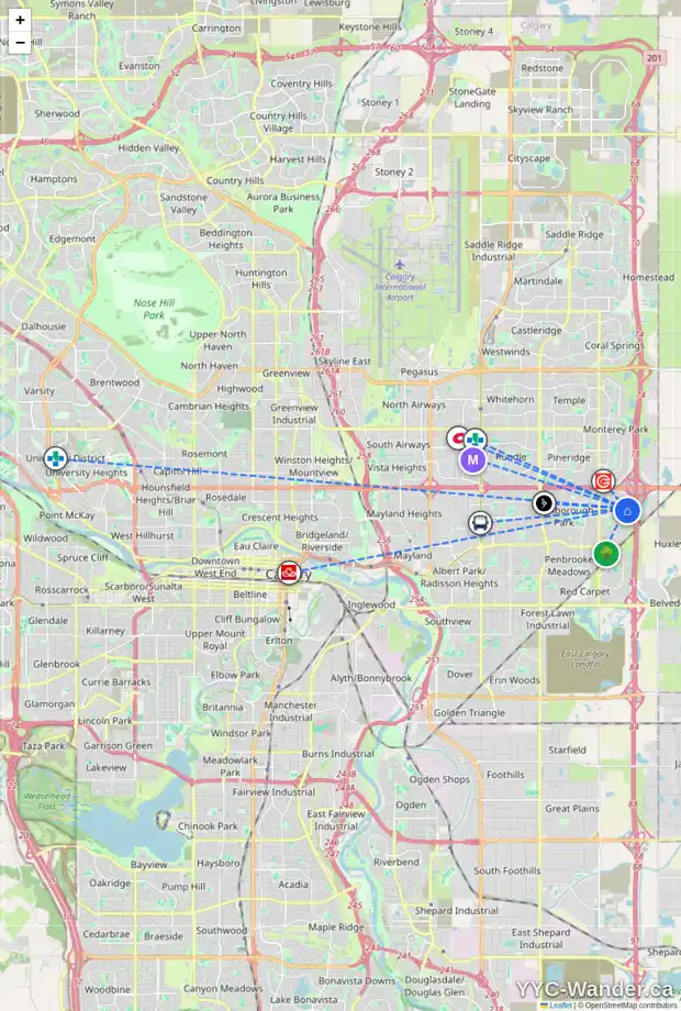 Daily accessibility map for 99 ABINGDON CO NE, Calgary showing nearby schools, grocery stores, parks, LRT stations and nearby amenities