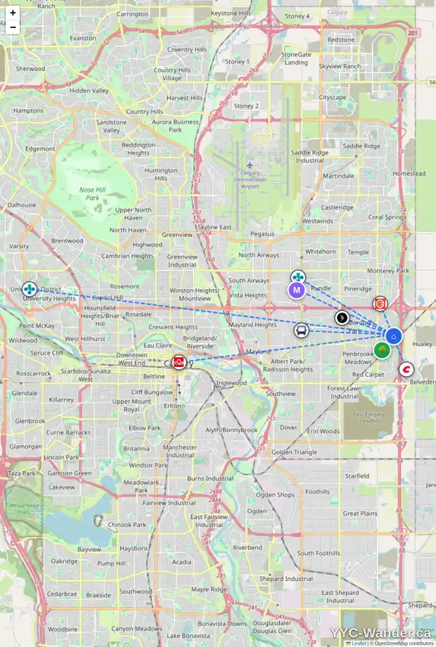 Daily accessibility map for 30 ABERDARE CR NE, Calgary showing nearby schools, grocery stores, parks, LRT stations and nearby amenities