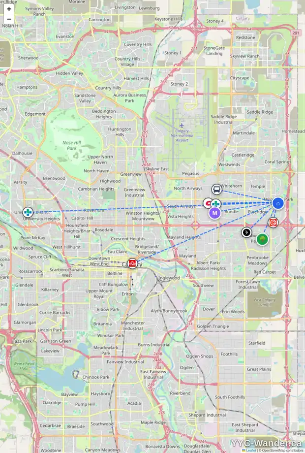 Daily accessibility map for 16 DEL MONICA PL NE, Calgary showing nearby schools, grocery stores, parks, LRT stations and nearby amenities