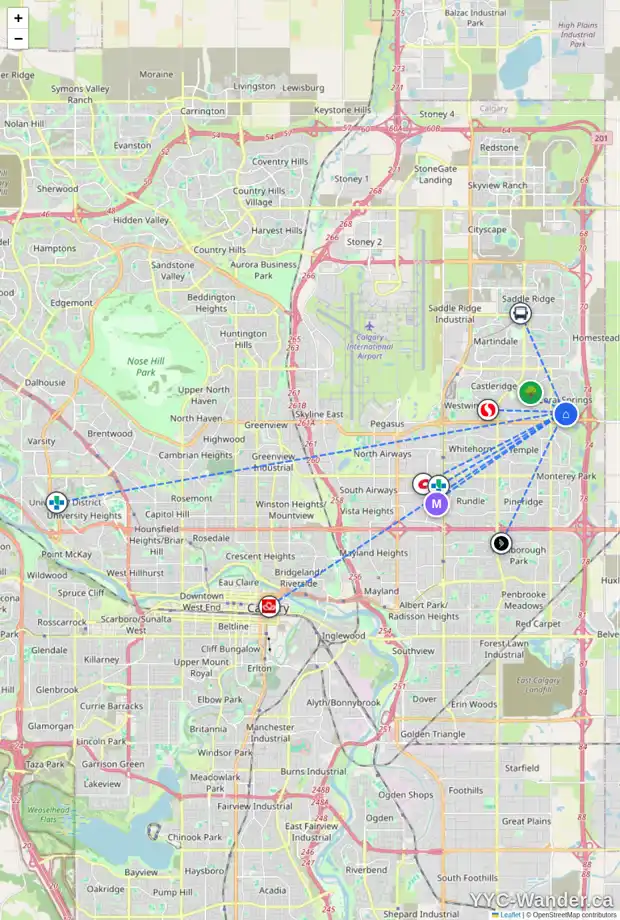 Daily accessibility map for 64 CORAL SPRINGS BV NE, Calgary showing nearby schools, grocery stores, parks, LRT stations and nearby amenities