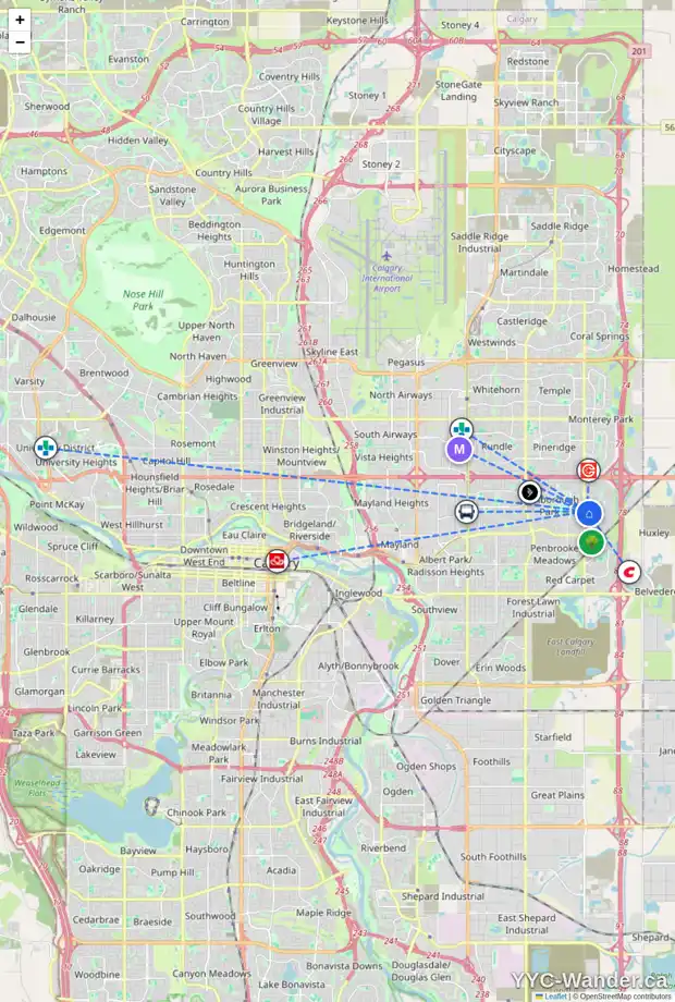 Daily accessibility map for 263 ABINGER CR NE, Calgary showing nearby schools, grocery stores, parks, LRT stations and nearby amenities