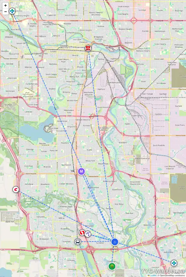 Daily accessibility map for 76 SUN HARBOUR PL SE, Calgary showing nearby schools, grocery stores, parks, LRT stations and nearby amenities