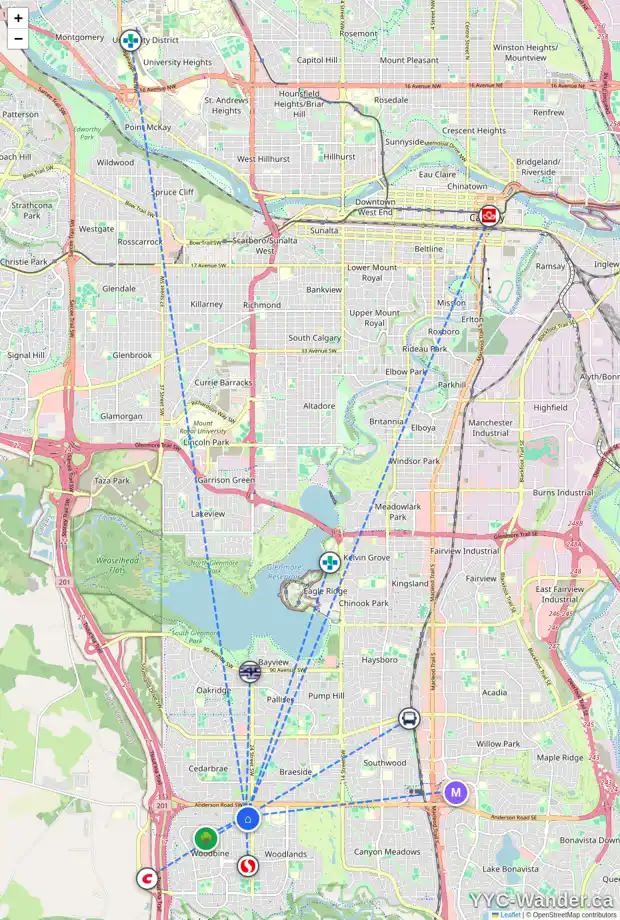 Daily accessibility map for 147 WOODFORD CR SW, Calgary showing nearby schools, grocery stores, parks, LRT stations and nearby amenities