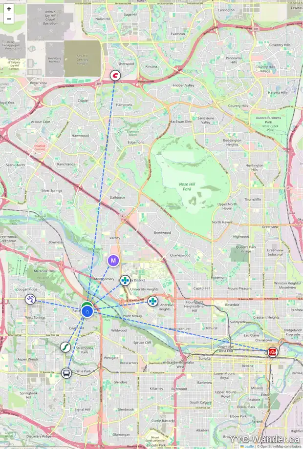 Daily accessibility map for 10 1220 PROMINENCE WY SW, Calgary showing nearby schools, grocery stores, parks, LRT stations and nearby amenities