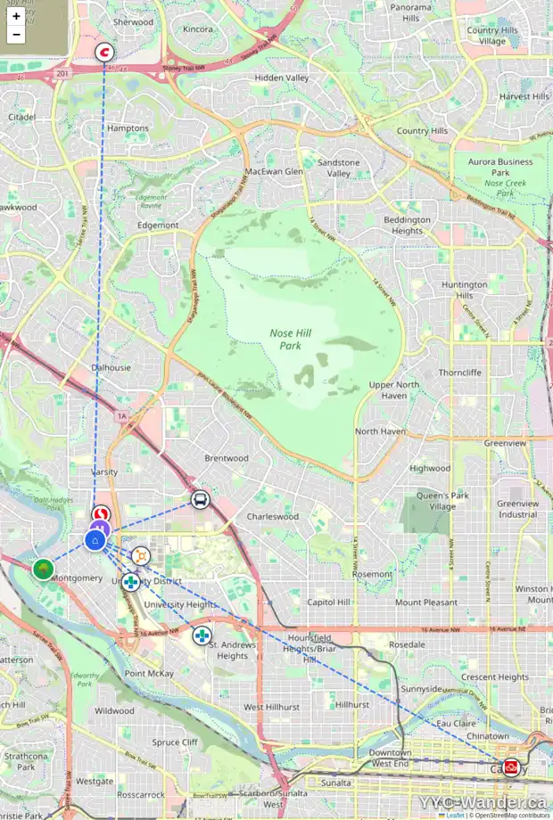 Daily accessibility map for 4803 MONTANA CR NW, Calgary showing nearby schools, grocery stores, parks, LRT stations and nearby amenities