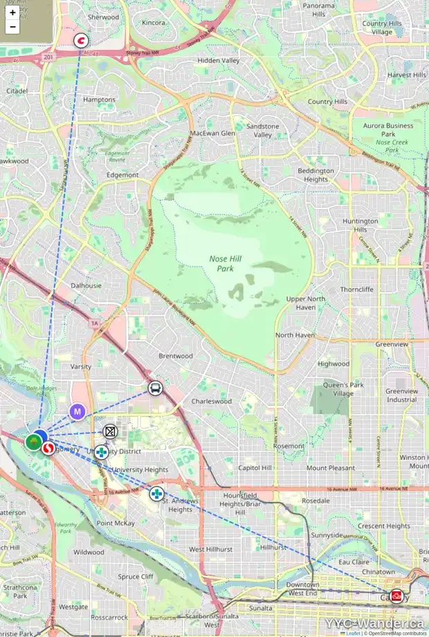 Daily accessibility map for 5225 17 AV NW, Calgary showing nearby schools, grocery stores, parks, LRT stations and nearby amenities