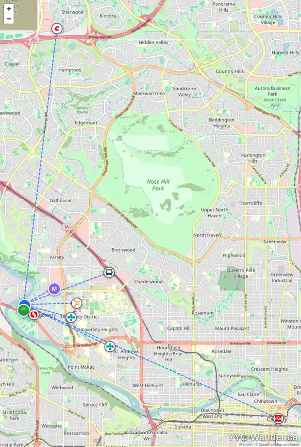 Daily accessibility map for 28 BOW LD NW, Calgary showing nearby schools, grocery stores, parks, LRT stations and nearby amenities