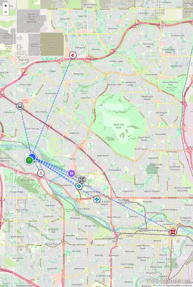 Daily accessibility map for 4555 72 ST NW, Calgary showing nearby schools, grocery stores, parks, LRT stations and nearby amenities
