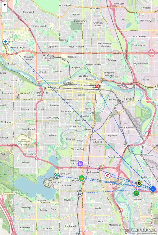 Daily accessibility map for 8007 25 ST SE, Calgary showing nearby schools, grocery stores, parks, LRT stations and nearby amenities